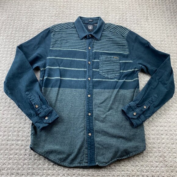 VOLCOM Shirt Men Large L Navy Blue Striped Heavy Cotton Slim Fit Button Up Polo - Picture 1 of 8